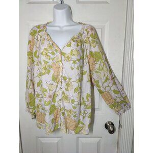 Casa Cabana Floral/Grape Print Lightweight Linen Blend Peasant Blouse V-Neck L